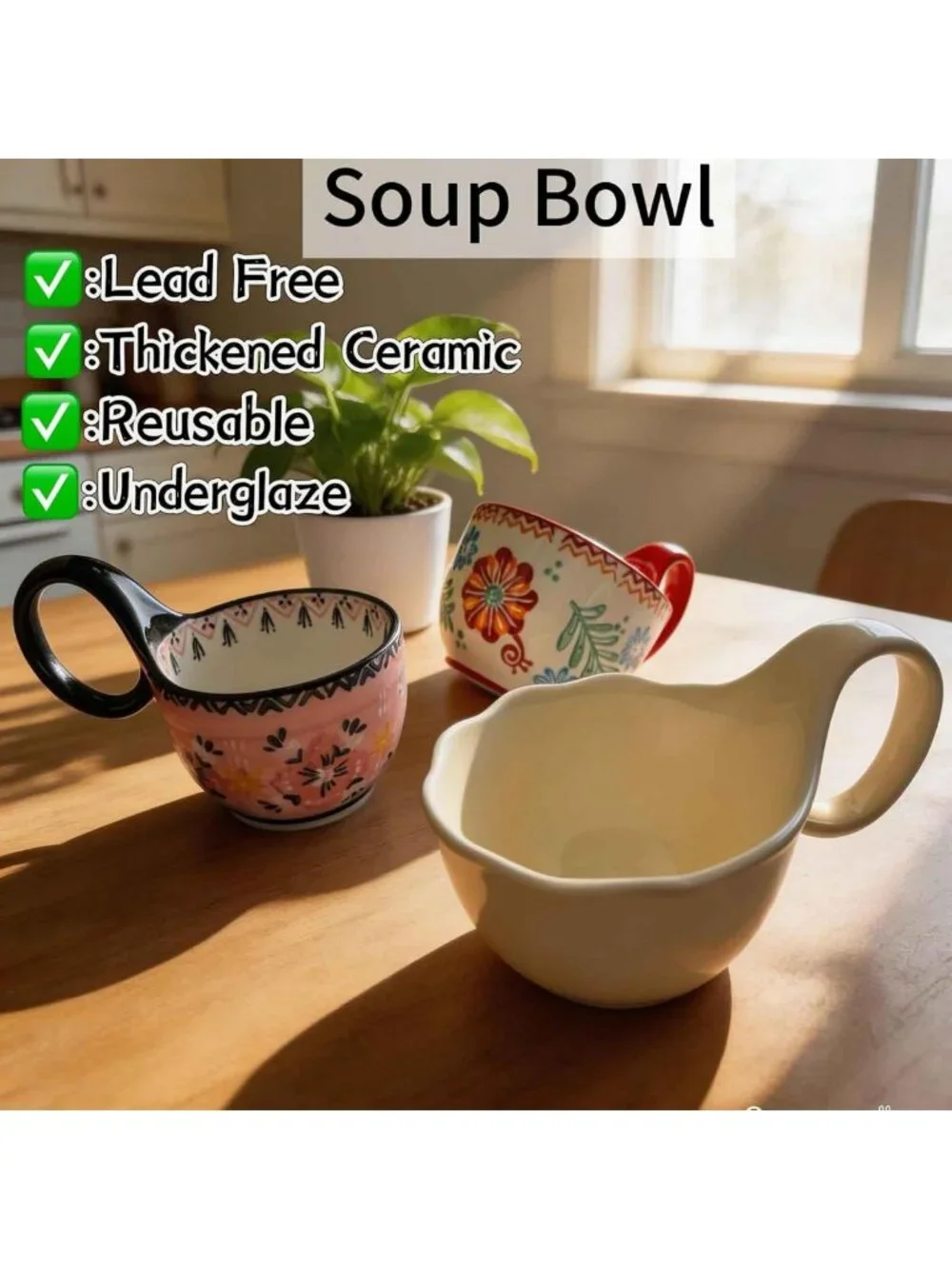 Stylish 14oz Ceramic Soup Bowls with Handles - Perfect for Oatmeal, Chili & Ice